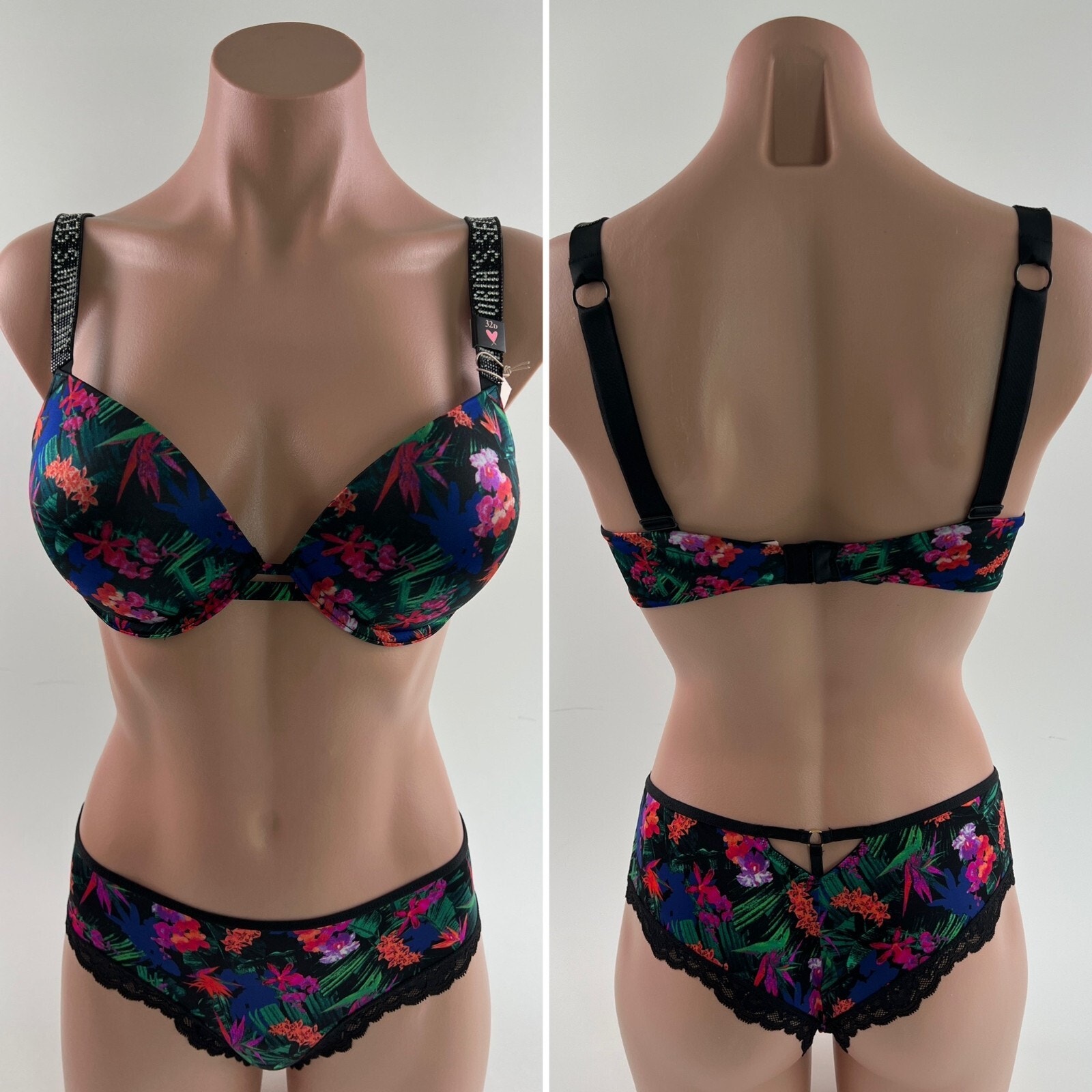 Victoria's Secret Very Sexy Push Up Bra & Cheeky Floral Set Black Sz 32d/S Nwt